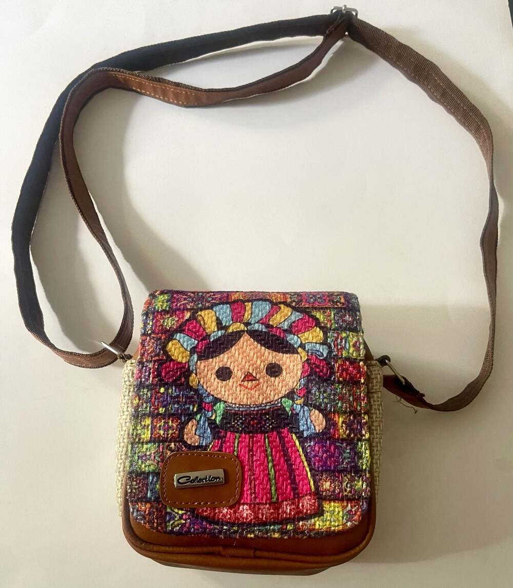 Mexican Artesanal Doll Motif Crossbody Bag with Faux Leather Trim